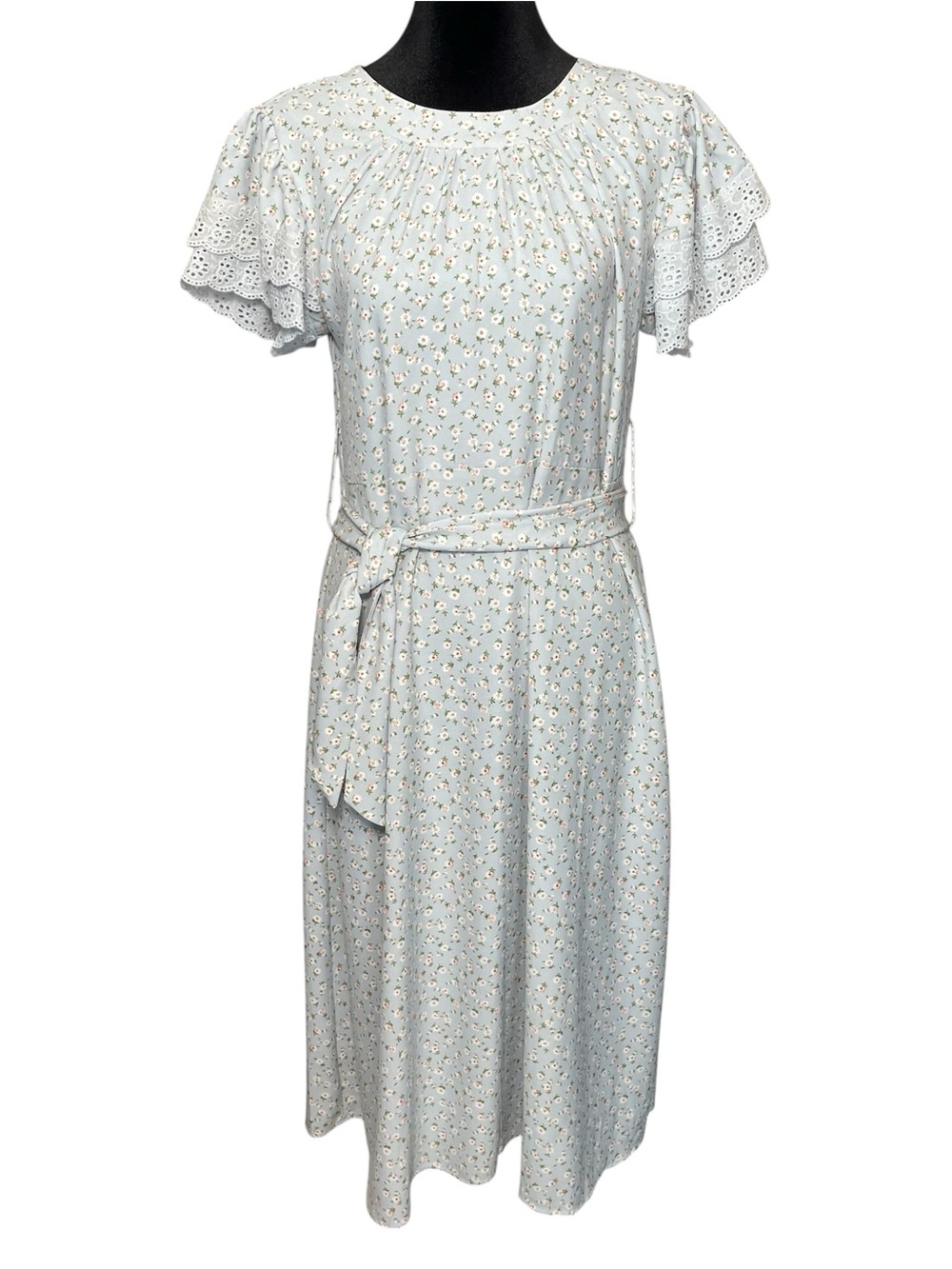 JessaKae Dainty Floral Belted Midi Dress Lace Eyelet Sleeves